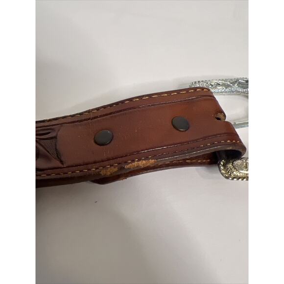Vintage Nocona Unisex Sz 34 Belt Silver Western Hand Tooled Cowhide Leather main image 4